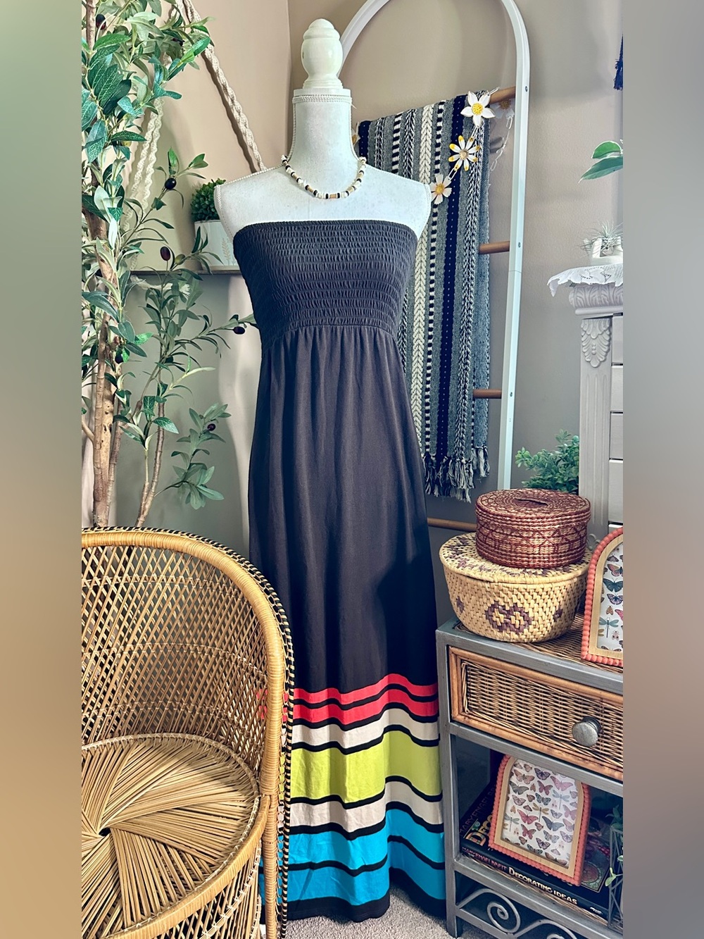 Gap Brown Strapless Smocked Maxi Dress Color Block Built-In Bra Medium